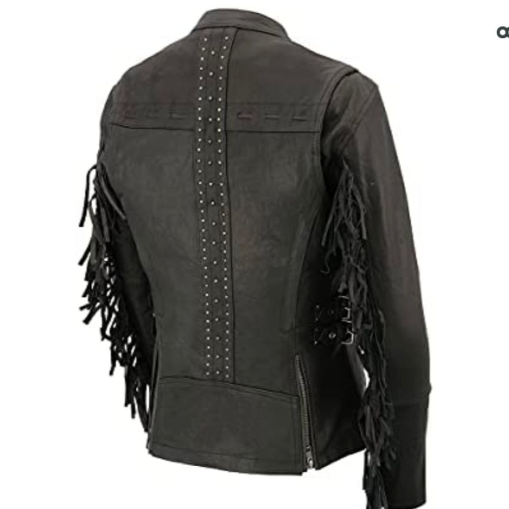 Milwaukee Leather Ladies Fringed Black Leather Racer Jacket - Picture 5 of 7